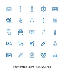 Editable 25 pharmacy icons for web and mobile. Set of pharmacy included icons line Nurse, Mortar, Proteins, Syringe, d, Flask, Medicine, Medicines, Red cross on white background