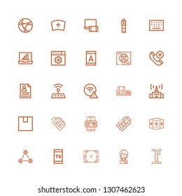 Editable 25 phone icons for web and mobile. Set of phone included icons line Platform, Call center, Tablet, Smartphone, Network, Battery, Walkman, Packing on white background
