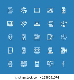 Editable 25 Phone Icons For Web And Mobile. Set Of Phone Included Icons Line Nurse, Advertisement, Computer, Watercolor, Online Payment, Smartphone, Bill, Setting On Blue Background