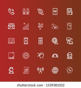 Editable 25 phone icons for web and mobile. Set of phone included icons line Phone call, Worldwide, Signal, Analytics, Call center, Ladder, Virtual reality, Dial, Sticky note on red
