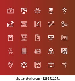 Editable 25 photo icons for web and mobile. Set of photo included icons line Graphic designer, Camera, Album, Film reel, Placeholder, Jpg, Palette, Electronics, Sticks on red