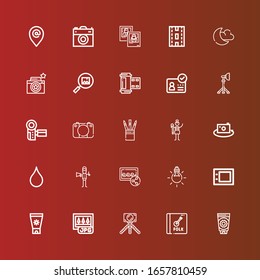 Editable 25 photo icons for web and mobile. Set of photo included icons line Sun cream, Album, Photo camera, Jpg, Graphic tablet, Tungsten, Image, Graphic designer, Blur on red