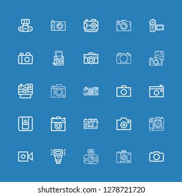 Editable 25 photocamera icons for web and mobile. Set of photocamera included icons line Camera, Camera flash on blue background