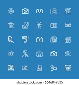 Editable 25 photographing icons for web and mobile. Set of photographing included icons line Camera, Photo camera, Camera flash, Selfie on blue background