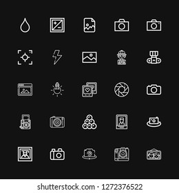 Editable 25 photography icons for web and mobile. Set of photography included icons line Picture, Camera, Photo camera, Photography, Photo, Round shot, Shutter on black background