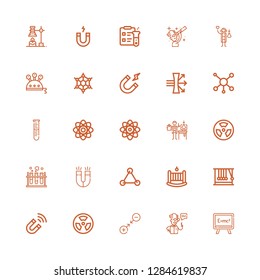 Editable 25 physics icons for web and mobile. Set of physics included icons line Formula, Scientist, Gravity, Radioactive, Magnet, Momentum, Cradle, Molecules on white background