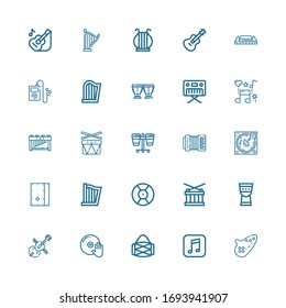 Editable 25 piano icons for web and mobile. Set of piano included icons line Ocarina, Music, Drum, DJ, Cello, Timpani, Harp, Cajon, Accordion, Drums, Marimba on white background