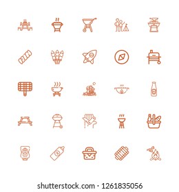 Editable 25 picnic icons for web and mobile. Set of picnic included icons line Marshmallow, Grill, Picnic, Mustard, Ketchup, Bbq, Swiss army knife, Barbecue grill on white background