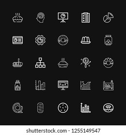 Editable 25 pie icons for web and mobile. Set of pie included icons line Donut, Chart, Cookie, Baguettes, Analytics, Line chart, Stats, Cookies, Pie, Diagram on black background
