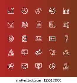 Editable 25 pie icons for web and mobile. Set of pie included icons line Analytics, Pie chart, Line chart, Pie, Pastry, Cookie, Pudding, Sweet, Graph, Chart, Report, Diagram on red