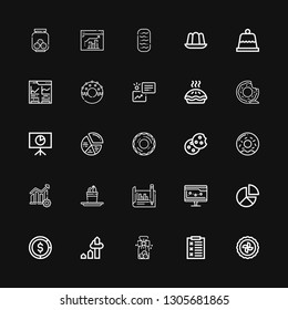 Editable 25 pie icons for web and mobile. Set of pie included icons line Pie, Report, Cookies, Chart, Diagram, chart, Analytics, Pudding, Donut, Cookie on black background