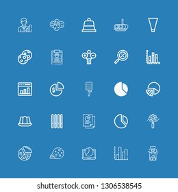 Editable 25 pie icons for web and mobile. Set of pie included icons line Cookies, Stats, Pie chart, Cookie, Chart, Analytics, Jelly, Sweet, Graph, Percentage on blue background