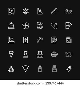 Editable 25 piece icons for web and mobile. Set of piece included icons line Chocolate, Matches, Pizza, Cheese, Sugar cube, Rook, Pizza slice, Dominoes, Mahjong on black background
