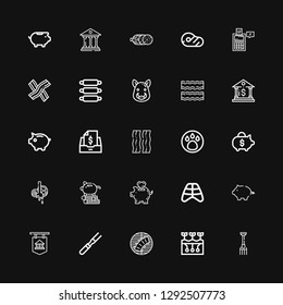 Editable 25 pig icons for web and mobile. Set of pig included icons line Pitchfork, Farming, Ribs, Meat, Bank, Piggy bank, Butcher, Animal, Bacon, Taxes, Boar on black background