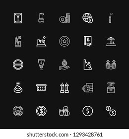 Editable 25 pile icons for web and mobile. Set of pile included icons line Coins, Coin, Storage box, Salt, Laundry basket, Poo, Rocks, Sand, Science book, Rock on black background