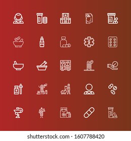 Editable 25 pill icons for web and mobile. Set of pill included icons line Vitamin c, Pill, Medicines, Veterinarian, Pharmacy, Drugs, Psychologist, Medicine, Hospital, Pills on red