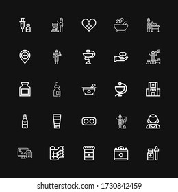 Editable 25 íconos de píldoras para web y móvil. El conjunto de píldoras incluye íconos de la línea Medicina, Médica, Gasa, Farmacia, Psicólogo, Veterinaria, Medicamentos, Pomada sobre fondo negro