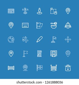 Editable 25 pin icons for web and mobile. Set of pin included icons line Bib, Crib, Flag, Location, Placeholder, Atm, Thread spool, Position, Marker, Voodoo on blue background