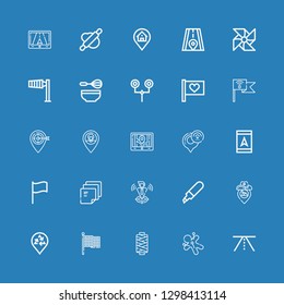 Editable 25 pin icons for web and mobile. Set of pin included icons line Road, Voodoo, Thread, Flag, Placeholder, Marker, Locate, Post it, Gps, Road sign, Whisk on blue background