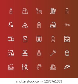 Editable 25 pipe icons for web and mobile. Set of pipe included icons line Gas station, Tank, Water tap, Hookah, Factory, Gas, Vuvuzela, Oil, Pipe, Gasoline, Heater, Fuel on red