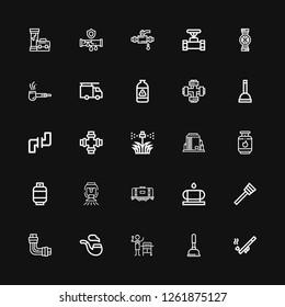 Editable 25 pipeline icons for web and mobile. Set of pipeline included icons line Pipe, Plunger, Gas, Water tank, Tank, Sprinkler, Pipes, Plumber on black background