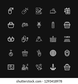 Editable 25 pixel icons for web and mobile. Set of pixel included icons line Shopping basket, Pixel, Mouse, Terrace, Terra, Monocycle, Waiting room, Sleeping bag on black background