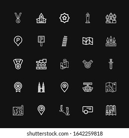 Editable 25 place icons for web and mobile. Set of place included icons line Map, Reward, Placeholder, Medal, Petronas, Knife, Podium, Castle, Pisa, Parking sign on black background