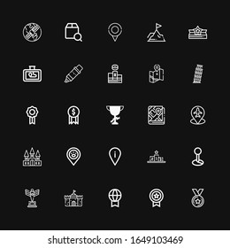 Editable 25 place icons for web and mobile. Set of place included icons line Medal, Prize, Castle, Trophy, Placeholder, Podium, Map, Award, Badge, Pisa, Marker on black background