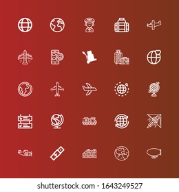 Editable 25 plane icons for web and mobile. Set of plane included icons line Zeppelin, Earth, Train, Belt, Aeroplane, Hang gliding, World, Departures, Globe, Airplane, Aircraft on red