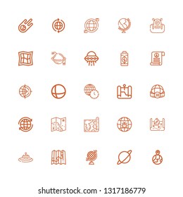 Editable 25 planet icons for web and mobile. Set of planet included icons line Earth globe, Planet, Globe, Map, Ufo, Global, World, Sphere, Worldwide, Earth grid on white background