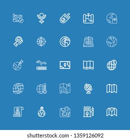 Editable 25 planet icons for web and mobile. Set of planet included icons line Map, Eco fuel, Earth globe, Pacifism, Global warming, Worldwide, Global, Science fiction on blue background