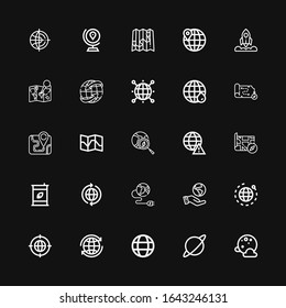 Bearbeitbare 25 Planet-Icons für Web und Mobile. Set von Planeten inklusive Icons Linie Vollmond, Planet, Welt, Erdgitter, Ekologismus, Erde, Ökotreibstoff, Karte, weltweit auf schwarzem Hintergrund