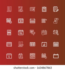 Editable 25 planner icons for web and mobile. Set of planner included icons line Calendar, List, Wedding plans, Date, Schedule on red