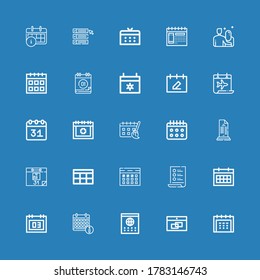 Editable 25 planner icons for web and mobile. Set of planner included icons line Calendar, List, Schedule, Date on blue background