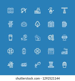 Editable 25 Plant Icons For Web And Mobile. Set Of Plant Included Icons Line Cactus, Robot Arm, Garden, Tank, Sugar Cane, Factory, Beer, Clover, Gas, Flower Basket On Blue Background