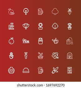 Editable 25 plant icons for web and mobile. Set of plant included icons line Seed, Olive, Beer, Bush, Vase, Fertilizer, Watering can, Plant, Carrot, Corn, Tea bag, Garden on red