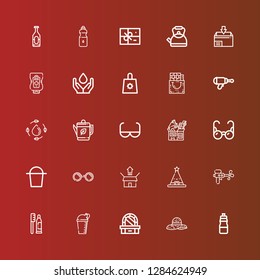 Editable 25 plastic icons for web and mobile. Set of plastic included icons line Bottle, Hat, Dressing table, Toothpaste, Water gun, Package, Sunglasses, Bucket, Glasses on red