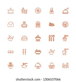 Editable 25 plate icons for web and mobile. Set of plate included icons line Restaurant, Lunch, Tray, Noodles, Noodle, Bowl, Salad, Brochette, Croquette, Cutlery on white background
