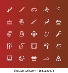 Editable 25 plate icons for web and mobile. Set of plate included icons line Waitress, Tray, Picnic, Pie, Dishwasher, Noodles, Cutlery, Stove, Spoon, Bowl, Soup, Knife on red