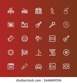 Editable 25 play icons for web and mobile. Set of play included icons line Mask, Encore, Gamepad, Rattle, Clapperboard, Pause, Snooker, Ball, Music store, Tambourine, Guitar on red