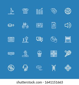 Editable 25 player icons for web and mobile. Set of player included icons line Buttons, Cricket, Puck, Audio guide, Vinyl, Tennis, Game, Basketball, Golfer on blue background