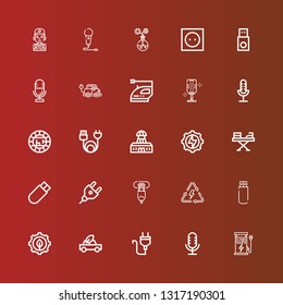Editable 25 plug icons for web and mobile. Set of plug included icons line Charger, Microphone, Plug, Eco car, Green energy, Usb, Energy, Hdmi port, Iron, Tesla, Charge on red