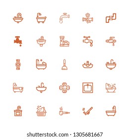 Editable 25 plumbing icons for web and mobile. Set of plumbing included icons line Bathtub, Pipe, Washbowl, Sink, Plunger, Pipes, Water tap, Faucet on white background