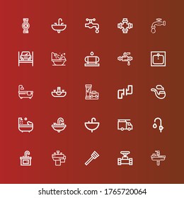 Editable 25 plumbing icons for web and mobile. Set of plumbing included icons line Sink, Pipe, Plunger, Basin, Faucet, Plumber, Bathtub, Pipes, Water tank, Repairing, Water tap on red