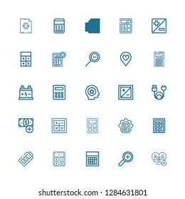 Editable 25 plus icons for web and mobile. Set of plus included icons line Add, Calculator, Battery, Add button, Charge, Exposure, Favorite, Zoom out, Zoom on white background