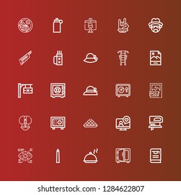 Editable 25 png icons for web and mobile. Set of png included icons line Thesis, Safebox, Salver, National mall, Eye tap, Fretsaw, Videocall, Laddu, Fakir, Psd file, Pamela on red
