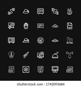 Editable 25 png icons for web and mobile. Set of png included icons line Safebox, Doormat, Text file, Psd file, Chest expander, Salver, Videocall, Keytar, Fakir on black background