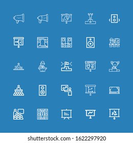 Editable 25 podium icons for web and mobile. Set of podium included icons line Presentation, Stage, Conference, Speaker, Podium, Speakers on blue background