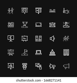 Editable 25 podium icons for web and mobile. Set of podium included icons line Speaker, Presentation, Speakers, Conference, Stage, Podium, Race, Racing on black background