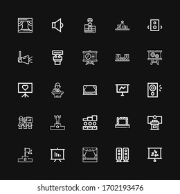 Editable 25 podium icons for web and mobile. Set of podium included icons line Presentation, Speaker, Stage, Podium, Conference, Speakers on black background